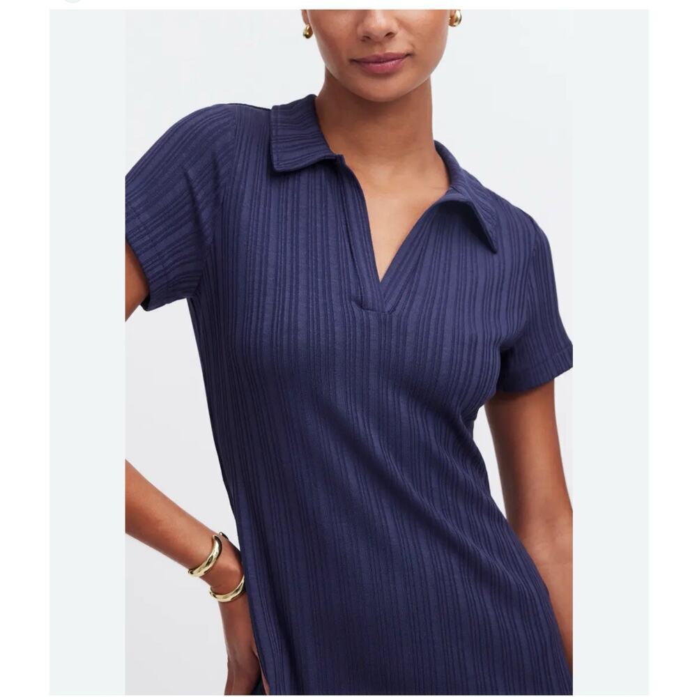 Madewell Ribbed Polo Mini Dress M Navy Blue Stretch Short Sleeve Preppy Coastal
